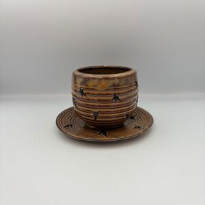 Studio Pottery Pineapple and Stars Brown Stoneware‎ Cup and Saucer Set Rustic